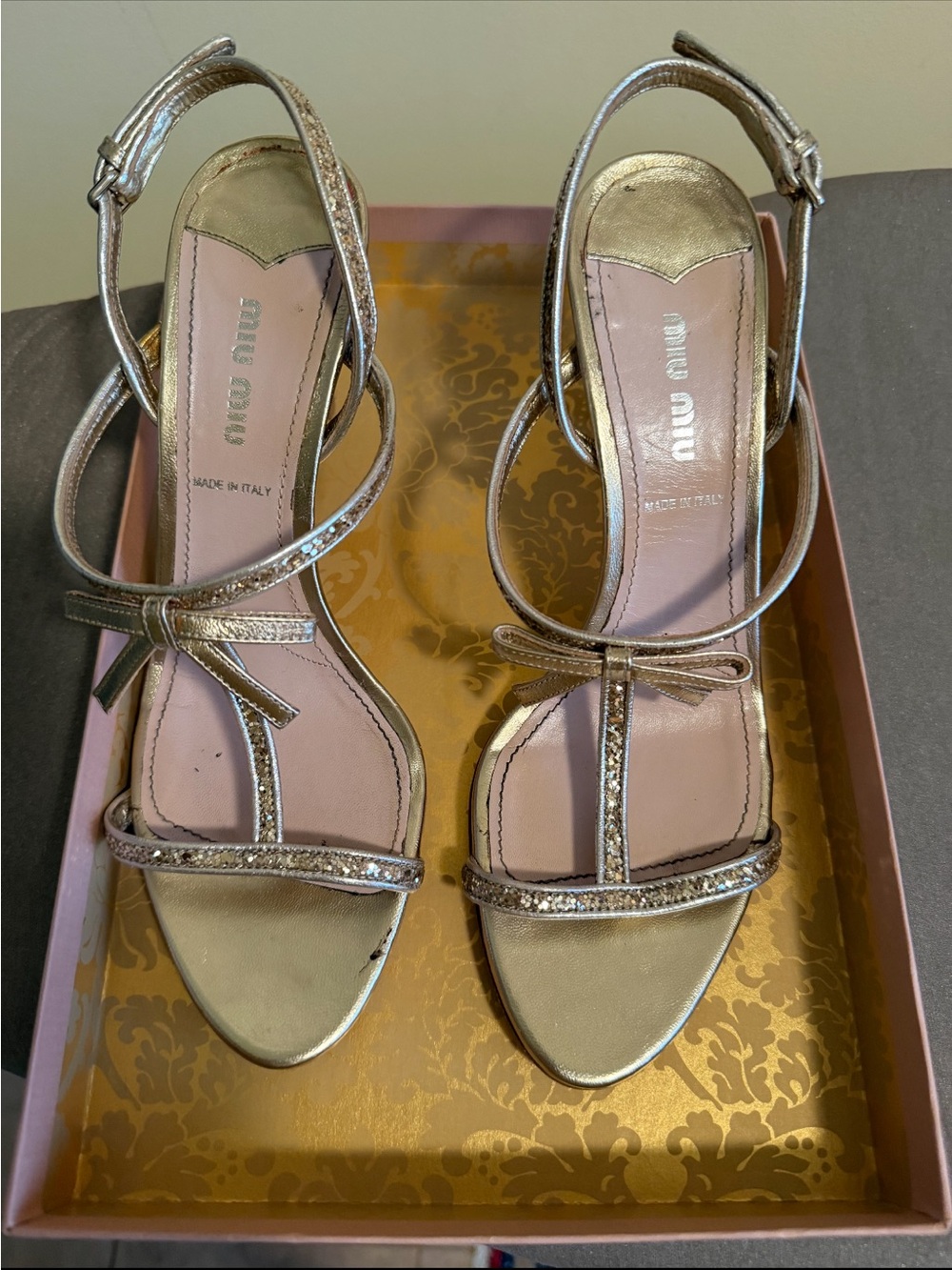 Miu Miu Silver Glitter T Strap Sandals with Bow